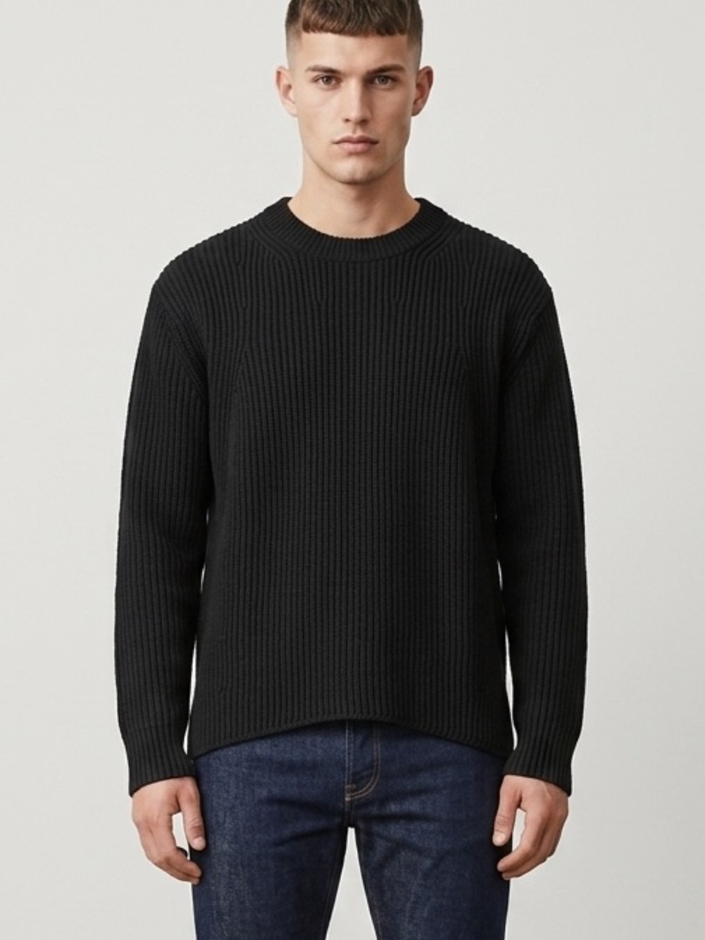 COS Men’s Black Ribbed Crewneck Knit Sweater